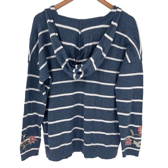 J Jill Striped Floral Embroidered Hooded Pullover Sweater Women Medium Blue - Picture 4 of 7
